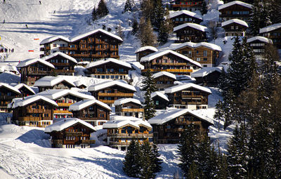 Snow covered houses and trees by buildings