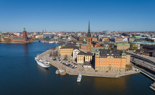 Stockholm cityscape in sweden. old town architecture. drone point of view.