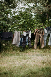 Clothes drying over field against trees