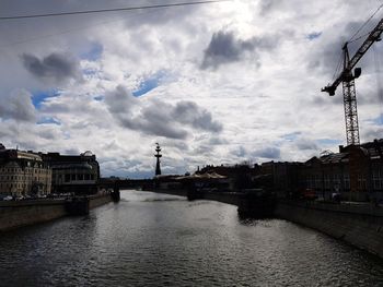 Bridge over river against buildings in city