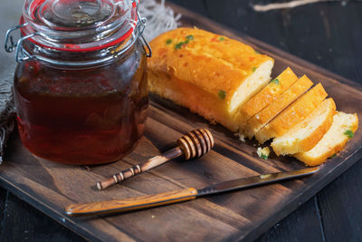 Close-up of dessert in jar on table