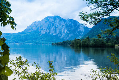 Scenic view of lake and mountains against sky