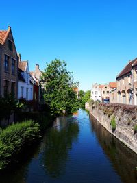 River amidst houses and buildings in town against clear blue sky