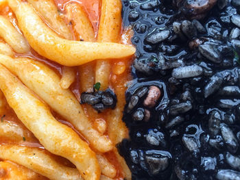 Close-up of squid ink with pasta