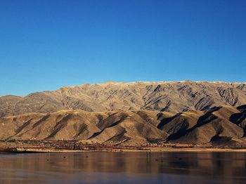 Scenic view of lake against clear blue sky