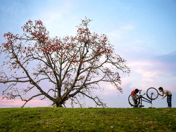 Bicycle on field against sky