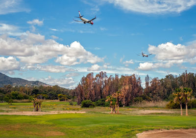 Airplane flying over trees on field against sky