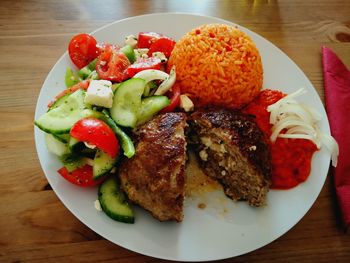 High angle view of meal served in plate on table