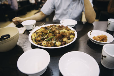 Close-up of food served on table