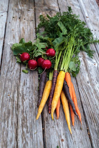 High angle view of vegetables on wood