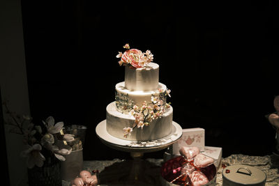 Close-up of cake served on table