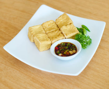 High angle view of serving food in plate