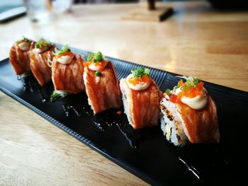 Close-up of sushi in plate on table