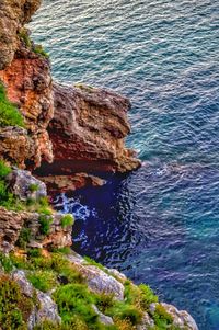 Scenic view of sea by cliff