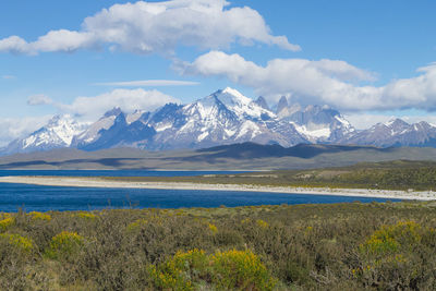 Scenic view of snowcapped mountains against sky