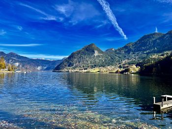 Scenic view of lake and mountains against sky