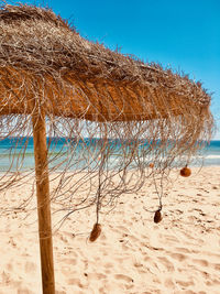 Scenic view of beach against clear blue sky