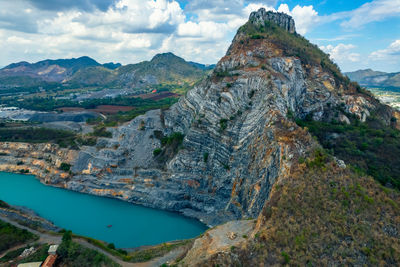 Aerial view of the excavator in rock and coal mining from above