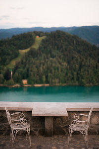 Chairs and tables in swimming pool