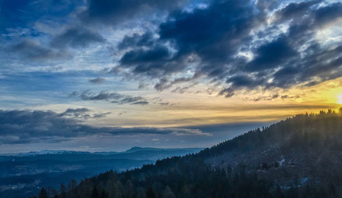 Scenic view of mountains against cloudy sky