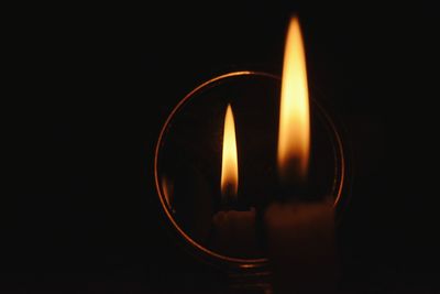 Close-up of lit candle in dark room