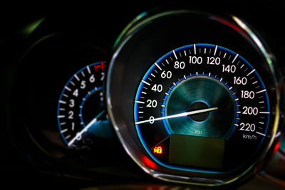 Close-up of motorcycle speedometer at night