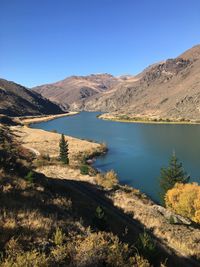 Scenic view of lake and mountains against clear blue sky