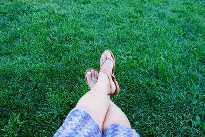 Low section of woman on grassy field