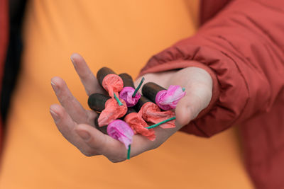 Close-up of hand holding pink flowers