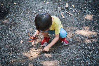 High angle view of boy with leaves crouching on road