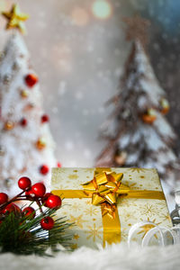 Close-up of christmas decorations on table