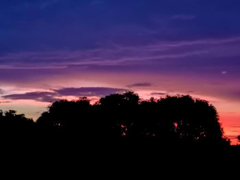 Silhouette trees against dramatic sky during sunset