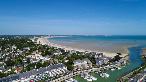 High angle view of sea against blue sky