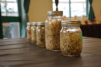 Food in glass jar on table