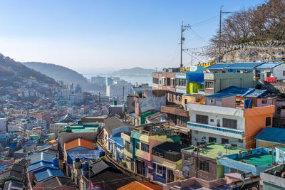 High angle view of townscape against clear sky