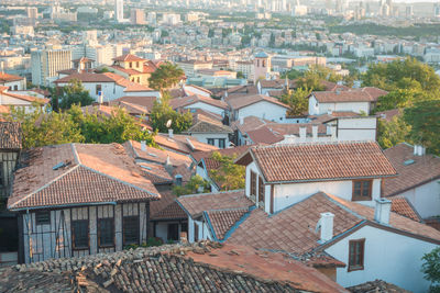 High angle view of residential buildings in city