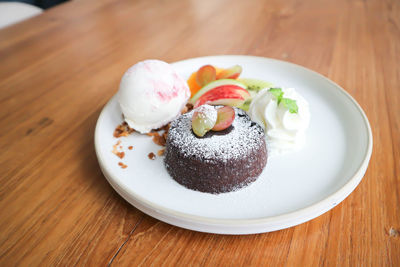 High angle view of dessert in plate on table