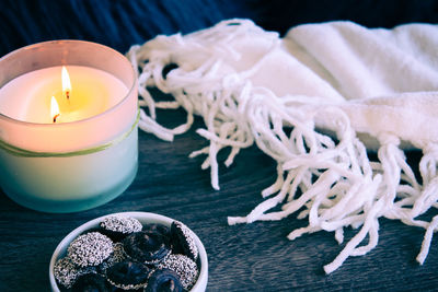 High angle view of candles on table