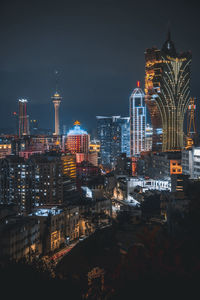 Illuminated buildings in city at night