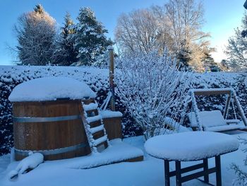 Snow covered table by trees on field during winter