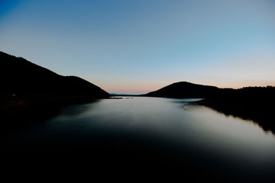 Scenic view of lake against clear sky during sunset