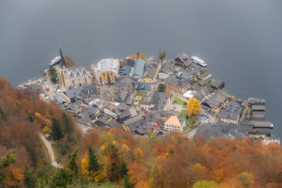 High angle view of houses by trees in city