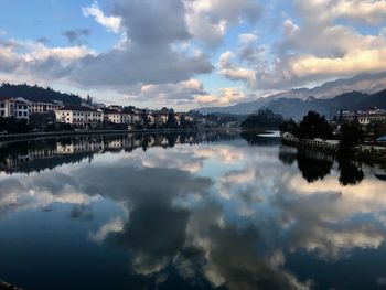 Reflection of buildings in lake