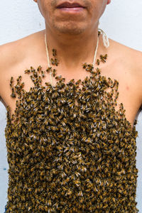 Man's body covered by bees