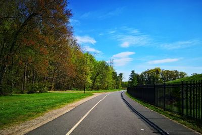 Road amidst trees and plants against sky