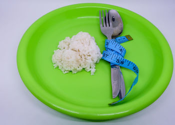 High angle view of breakfast in plate on table