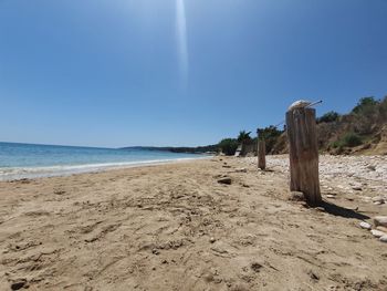 Scenic view of beach against clear blue sky