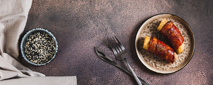High angle view of food on table
