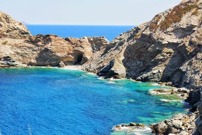 Panoramic shot of sea against clear blue sky