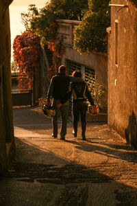 Rear view of men walking on sidewalk in city